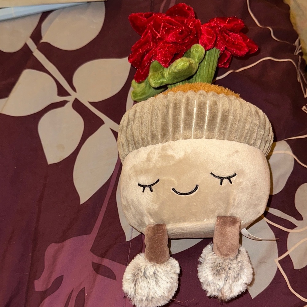 Holiday Potted Plant Plush Pillow - Beige with Red Flowers